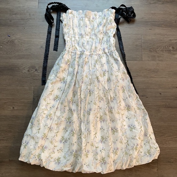 H&M X Brock Collection Tie Strap Smocked Floral Midi Dress NEW - Picture 9 of 12